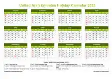 Calendar Horizintal Grid Sun Sat United Arab Emirates Holiday Natural Landscape 2023