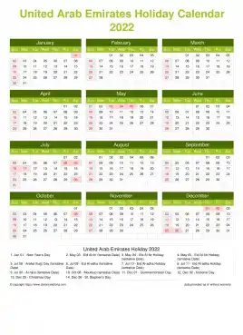 Calendar Horizintal Grid Sun Sat United Arab Emirates Holiday Natural Portrait 2022