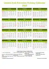 Calendar Horizintal Grid Sun Sat United Arab Emirates Holiday Natural Portrait 2023