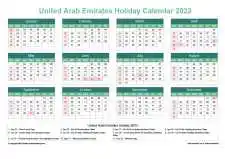 Calendar Horizintal Grid Sun Sat United Arab Emirates Holiday Watery Blue Landscape 2023
