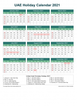 Calendar Horizintal Grid Sun Sat United Arab Emirates Holiday Watery Blue Portrait 2021