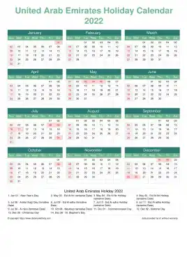 Calendar Horizintal Grid Sun Sat United Arab Emirates Holiday Watery Blue Portrait 2022