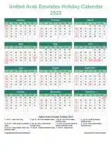 Calendar Horizintal Grid Sun Sat United Arab Emirates Holiday Watery Blue Portrait 2023