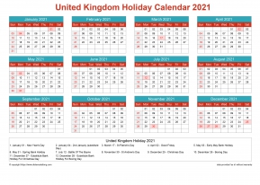 United Kingdom Holiday Calendar horizintal grid Sunday to