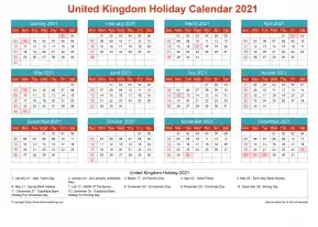 Calendar Horizintal Grid Sun Sat United Kingdom Holiday Cheerful Bright Landscape 2021