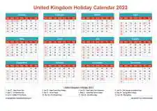 Calendar Horizintal Grid Sun Sat United Kingdom Holiday Cheerful Bright Landscape 2023