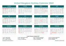 Calendar Horizintal Grid Sun Sat United Kingdom Holiday Cool Blue Landscape 2023