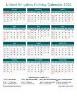 Calendar Horizintal Grid Sun Sat United Kingdom Holiday Cool Blue Portrait 2023