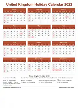 Calendar Horizintal Grid Sun Sat United Kingdom Holiday Earth Portrait 2022