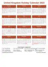 Calendar Horizintal Grid Sun Sat United Kingdom Holiday Earth Portrait 2023