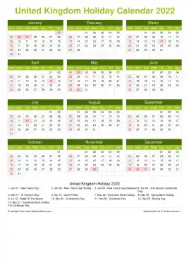 Calendar Horizintal Grid Sun Sat United Kingdom Holiday Natural Portrait 2022