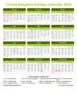 Calendar Horizintal Grid Sun Sat United Kingdom Holiday Natural Portrait 2023