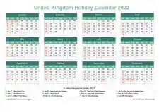 Calendar Horizintal Grid Sun Sat United Kingdom Holiday Watery Blue Landscape 2023