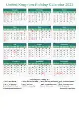 Calendar Horizintal Grid Sun Sat United Kingdom Holiday Watery Blue Portrait 2023