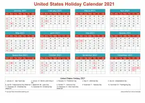 Calendar Horizintal Grid Sun Sat United States Holiday Cheerful Bright Landscape 2021