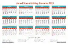 Calendar Horizintal Grid Sun Sat United States Holiday Cheerful Bright Landscape 2023