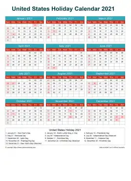 Calendar Horizintal Grid Sun Sat United States Holiday Cheerful Bright Portrait 2021