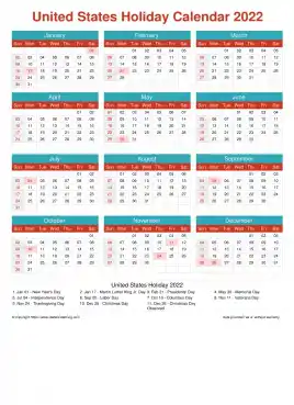 Calendar Horizintal Grid Sun Sat United States Holiday Cheerful Bright Portrait 2022