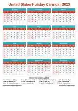 Calendar Horizintal Grid Sun Sat United States Holiday Cheerful Bright Portrait 2023