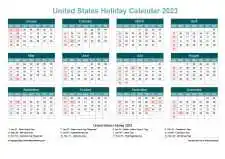 Calendar Horizintal Grid Sun Sat United States Holiday Cool Blue Landscape 2023