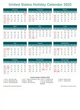 Calendar Horizintal Grid Sun Sat United States Holiday Cool Blue Portrait 2022