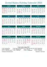 Calendar Horizintal Grid Sun Sat United States Holiday Cool Blue Portrait 2023