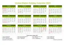 Calendar Horizintal Grid Sun Sat United States Holiday Natural Landscape 2023