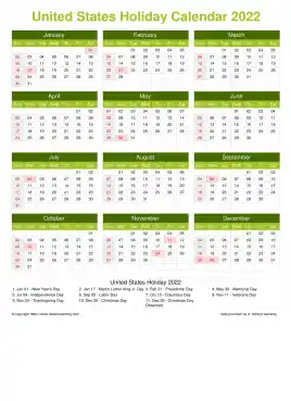 Calendar Horizintal Grid Sun Sat United States Holiday Natural Portrait 2022