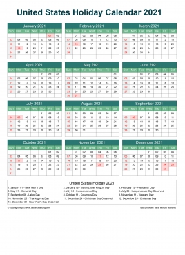 Calendar Horizintal Grid Sun Sat United States Holiday Watery Blue Portrait 2021