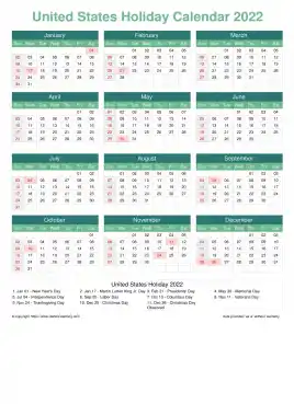 Calendar Horizintal Grid Sun Sat United States Holiday Watery Blue Portrait 2022