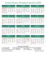Calendar Horizintal Grid Sun Sat United States Holiday Watery Blue Portrait 2023
