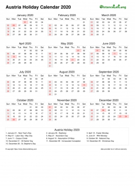 Calendar Horizintal Month Week Covered Line Sun Sat Holiday Austria Portrait 2020