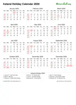 Calendar Horizintal Month Week Covered Line Sun Sat Holiday Ireland Portrait 2020