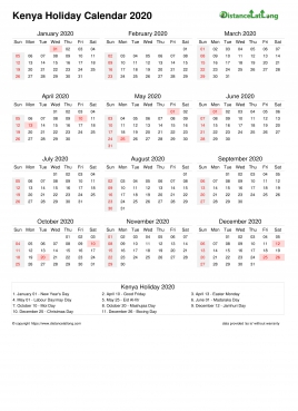 Calendar Horizintal Month Week Covered Line Sun Sat Holiday Kenya Portrait 2020