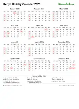 Calendar Horizintal Month Week Covered Line Sun Sat Holiday Kenya Portrait 2020