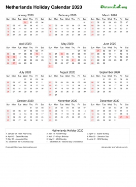 Calendar Horizintal Month Week Covered Line Sun Sat Holiday Netherlands Portrait 2020