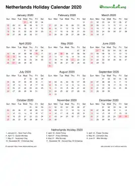 Calendar Horizintal Month Week Covered Line Sun Sat Holiday Netherlands Portrait 2020