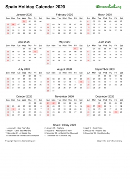 Calendar Horizintal Month Week Covered Line Sun Sat Holiday Spain Portrait 2020