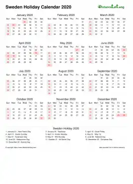 Calendar Horizintal Month Week Covered Line Sun Sat Holiday Sweden Portrait 2020