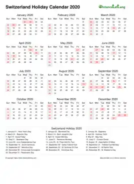 Calendar Horizintal Month Week Covered Line Sun Sat Holiday Switzerland Portrait 2020