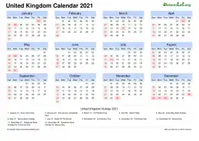 Calendar Horizintal Month Week Grid Sun Sat Bank Holiday United Kingdom Landscape 2021