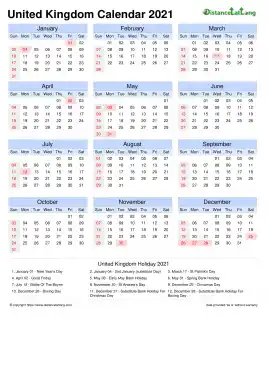 Calendar Horizintal Month Week Grid Sun Sat Bank Holiday United Kingdom Portrait 2021