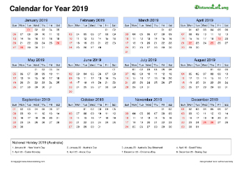 Calendar Horizintal Month Week Grid Sun Sat Federal Holiday Auz 2019