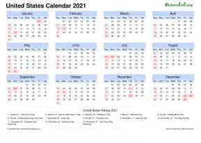 Calendar Horizintal Month Week Grid Sun Sat Federal Holiday United States Landscape 2021