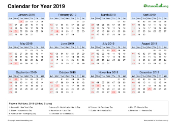 Calendar Horizintal Month Week Grid Sun Sat Federal Holiday Us 2019