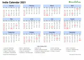 Calendar Horizintal Month Week Grid Sun Sat Gazetted Holiday India Landscape 2021