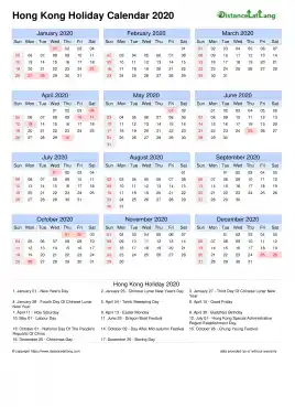 Calendar Horizintal Month Week Grid Sun Sat Holiday Hong Kong Portrait 2020