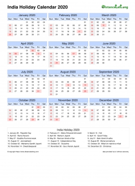 Calendar Horizintal Month Week Grid Sun Sat Holiday India Portrait 2020