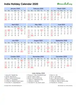 Calendar Horizintal Month Week Grid Sun Sat Holiday India Portrait 2020