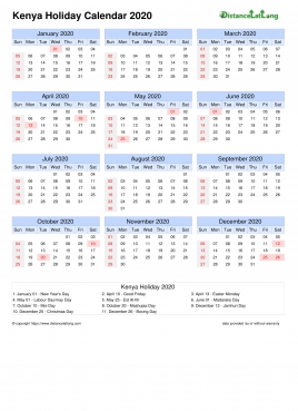Calendar Horizintal Month Week Grid Sun Sat Holiday Kenya Portrait 2020
